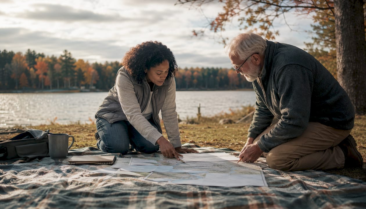 Two people discussing lake zoning plans outdoors