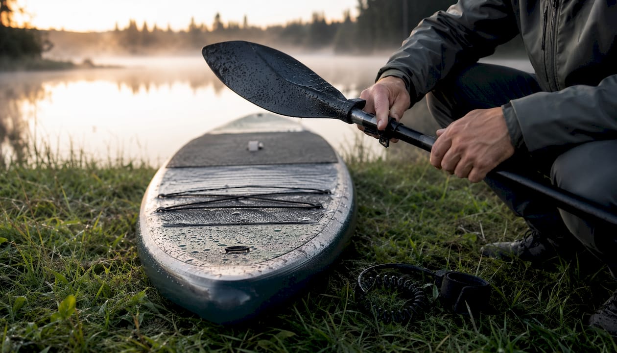 Paddleboard with gear ready at lakeshore