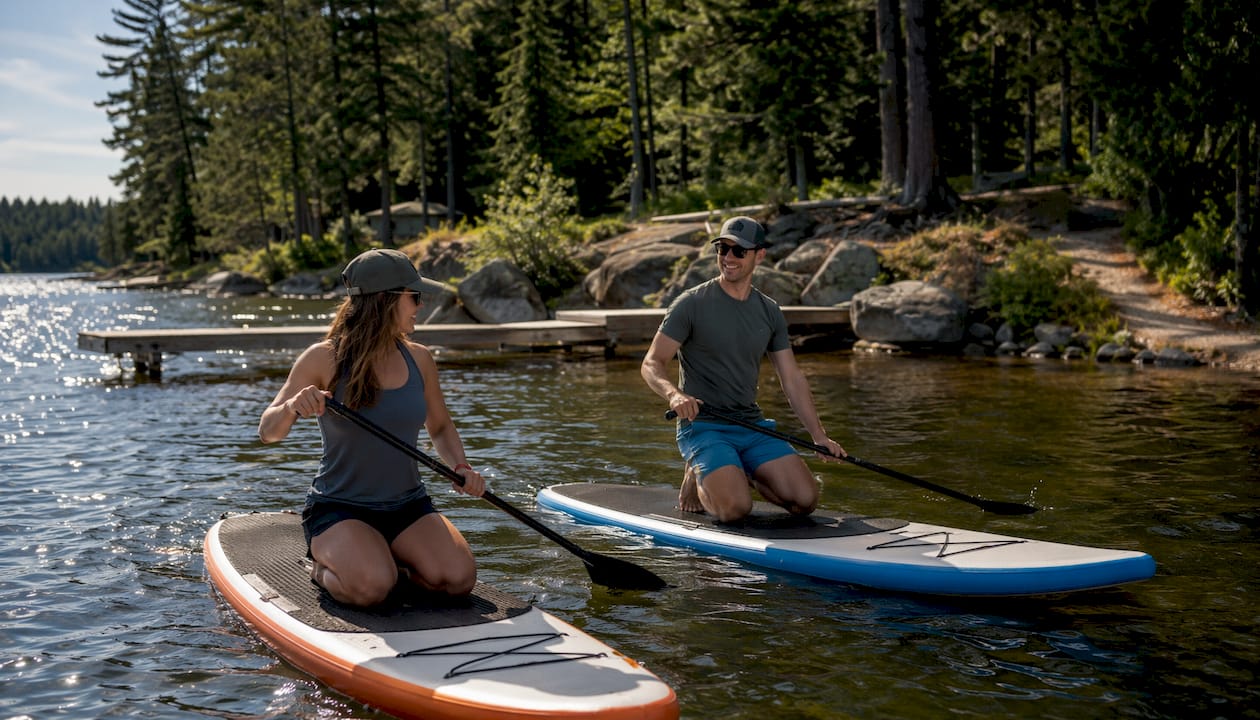 Scenic overview of Northwoods Wisconsin lakes with paddleboards