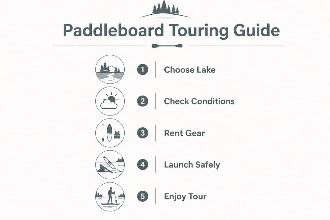 Infographic showing paddleboard touring steps and rental info