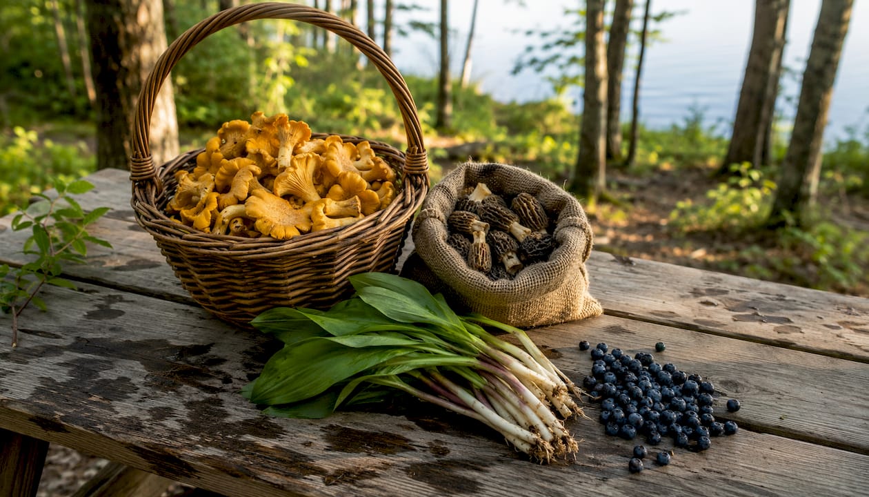 Assortment of wild mushrooms and edible plants