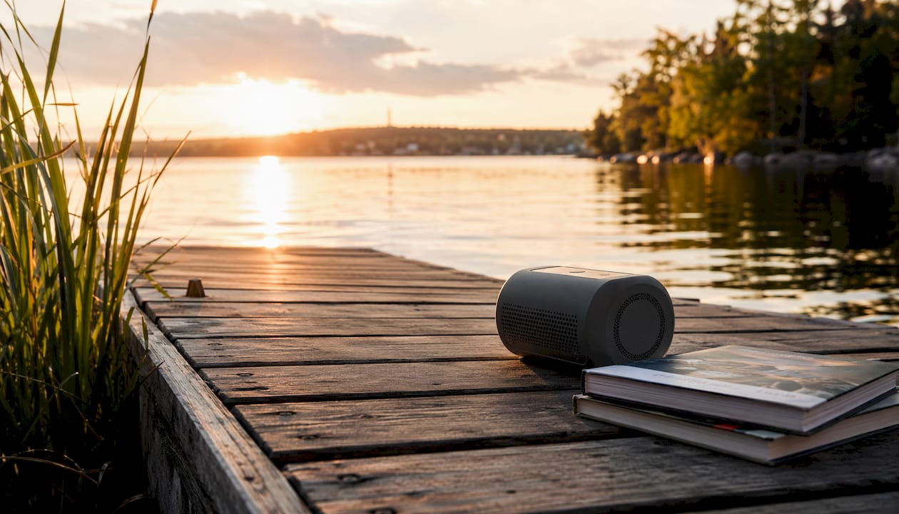 Air quality monitor on picnic table in Northwoods landscape