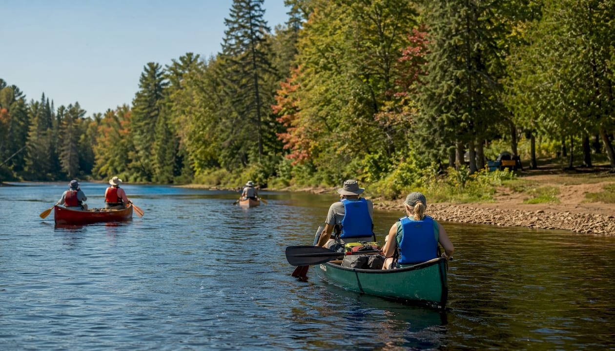 Aerial view of Namekagon River with canoes