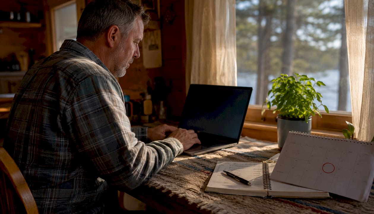 Man renewing Wisconsin cabin license on laptop