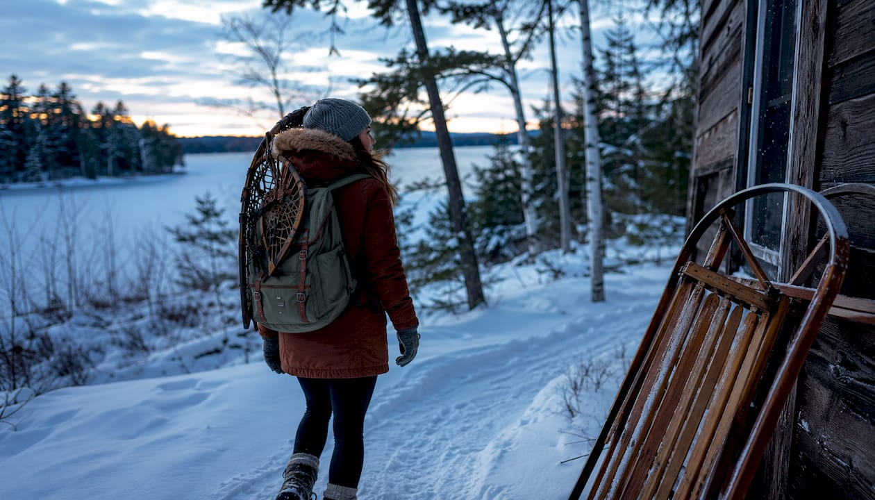 Woman walking snowy forest trail with snowshoes