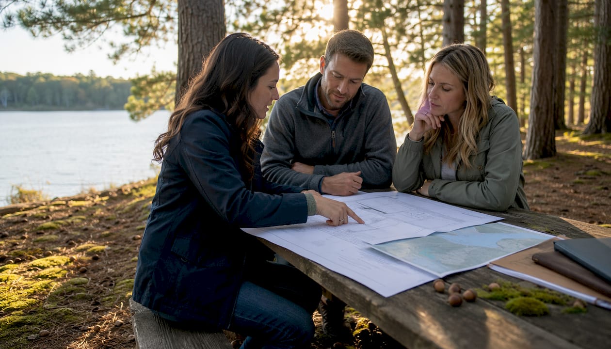 Group reviewing lake property documents outdoors