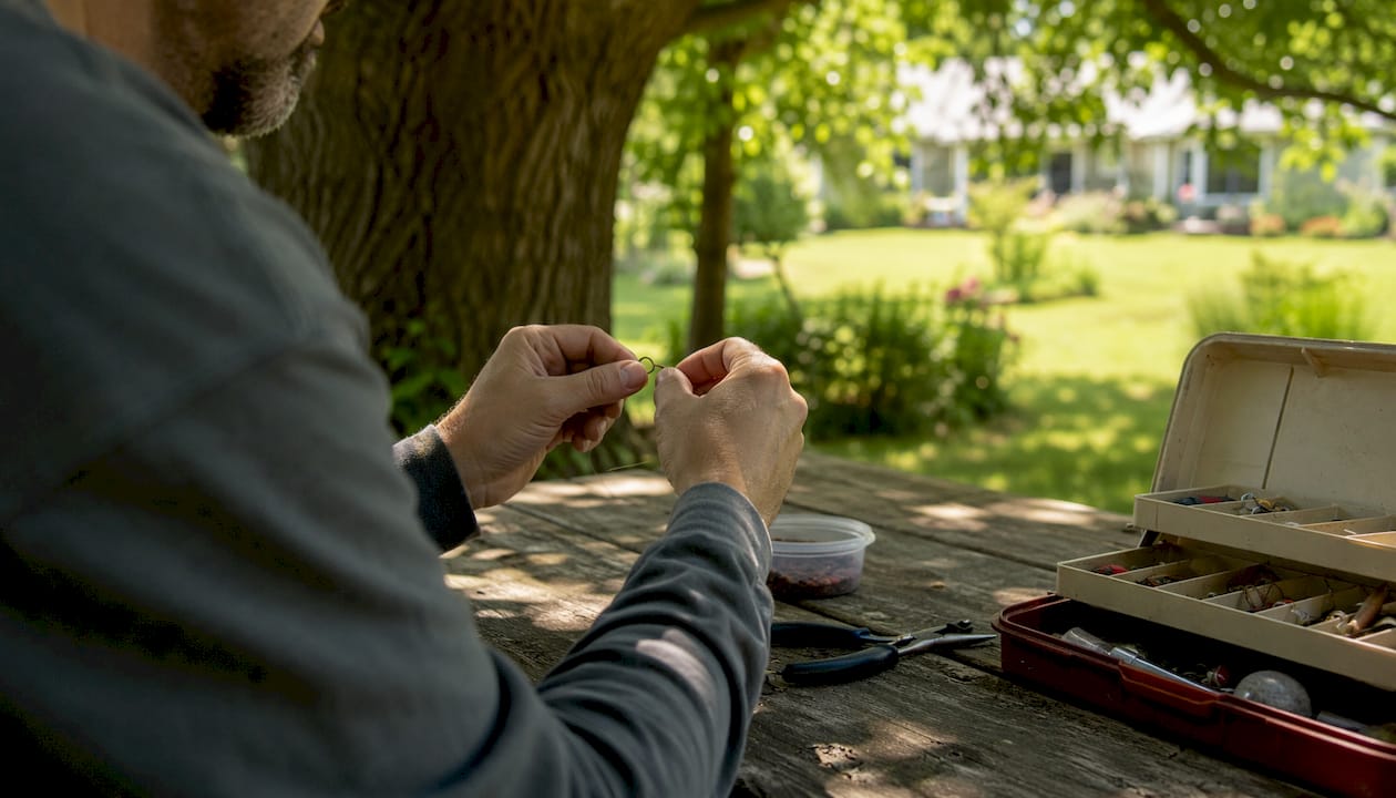 Parent prepping barbless hooks for safe fishing