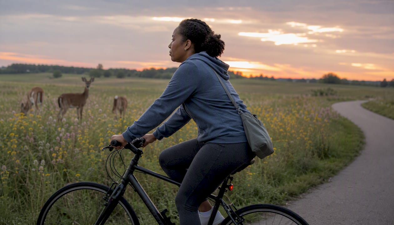 Woman cycling on suburban bike trail in Middleton