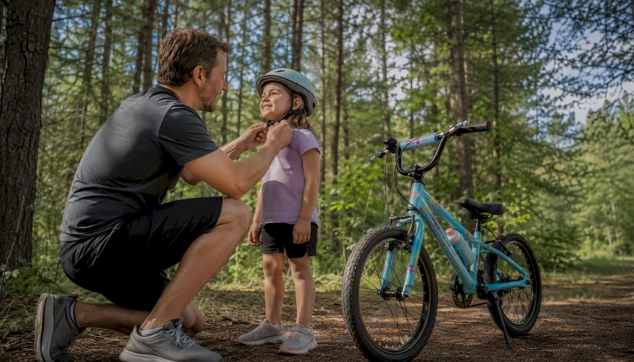 Father helping daughter with bike helmet outdoor