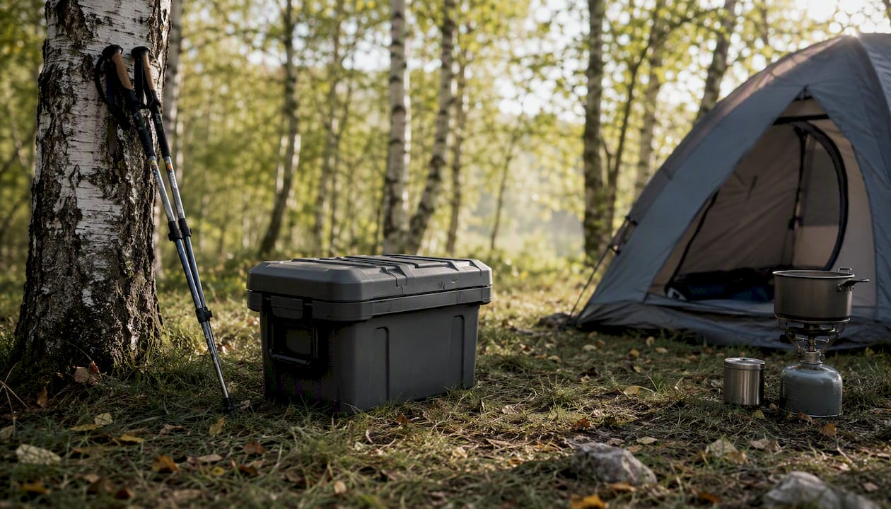 Bear-resistant food container at campsite