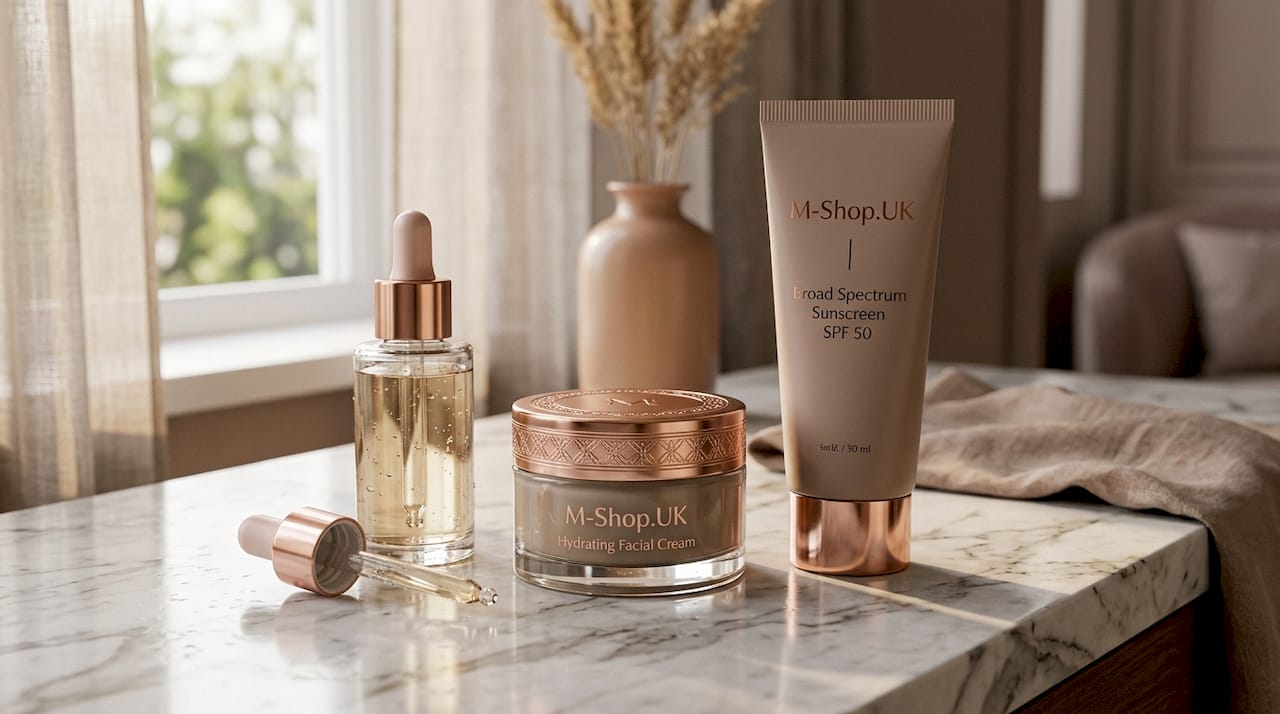 Skincare products arranged by texture on vanity