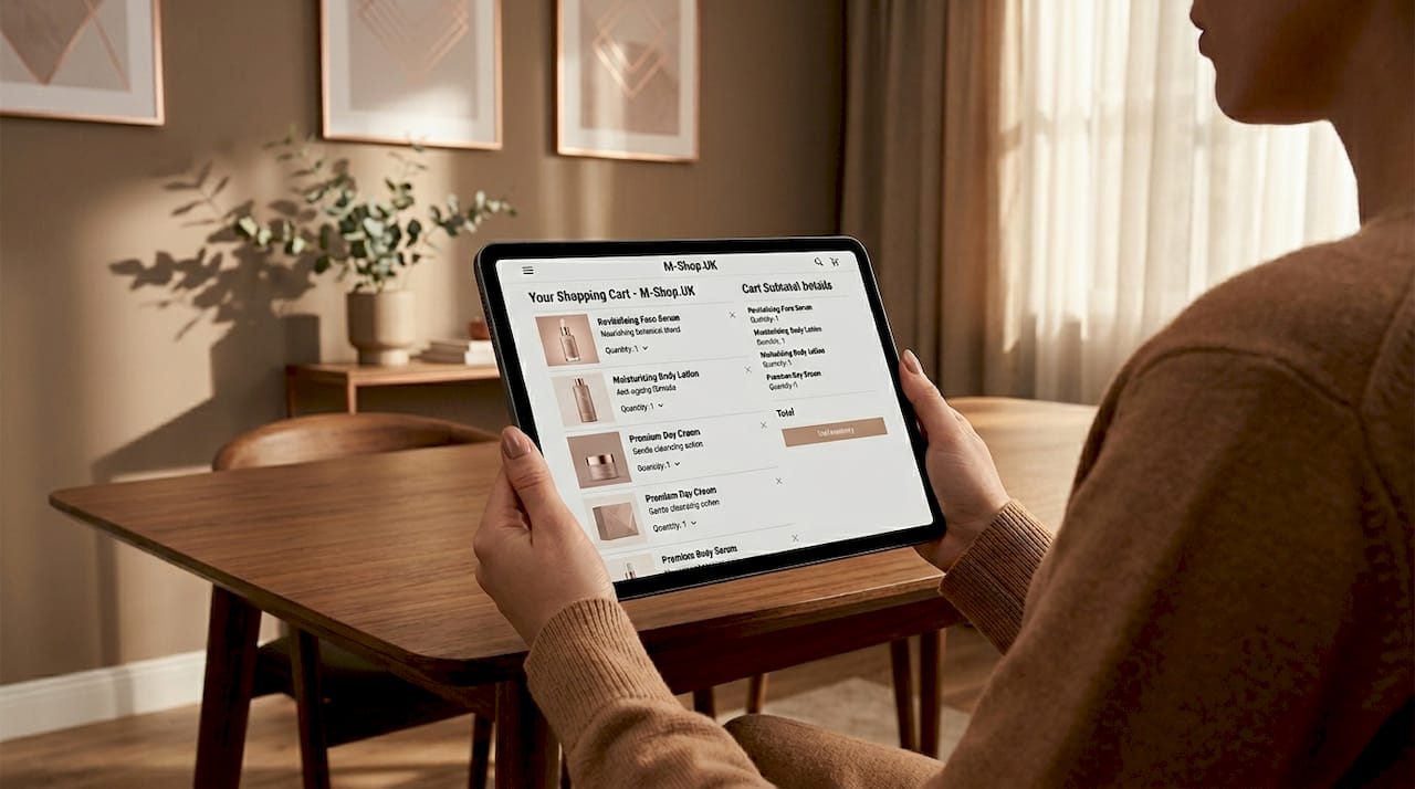 Close-up of digital cosmetic cart on tablet screen