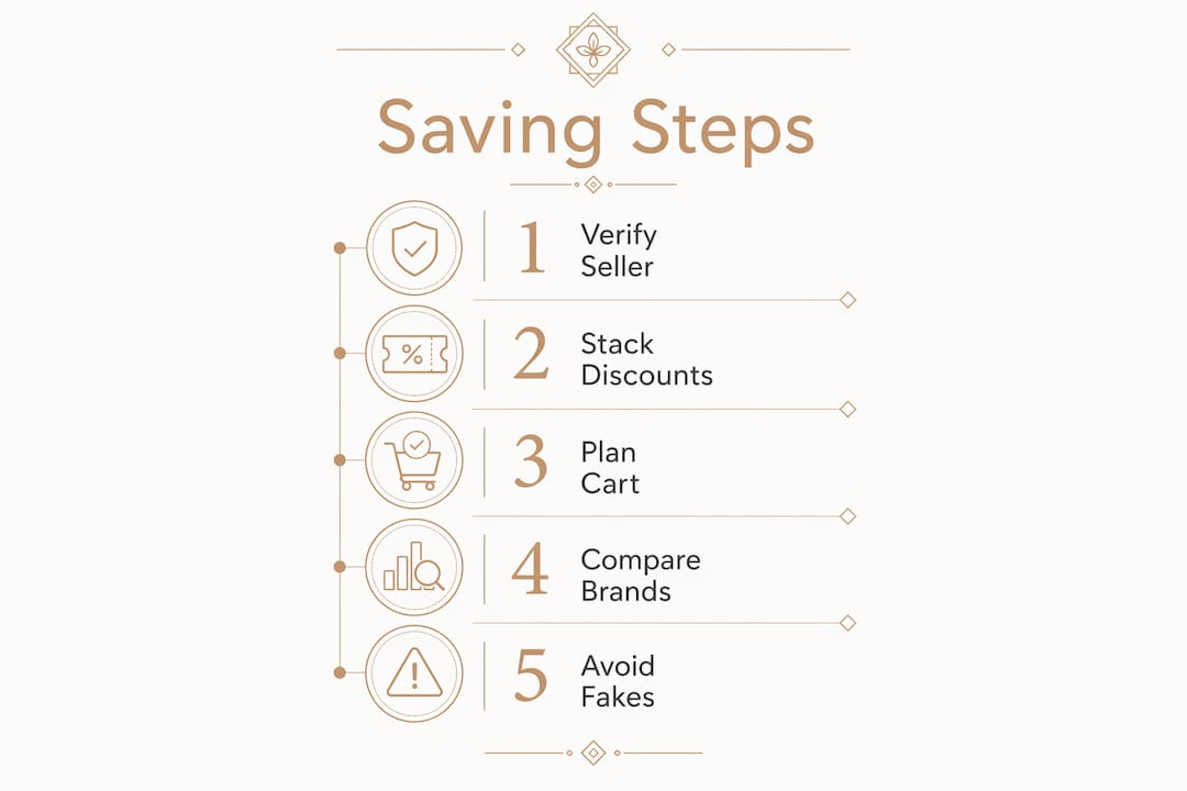 Infographic showing five key steps to save money buying cosmetics online