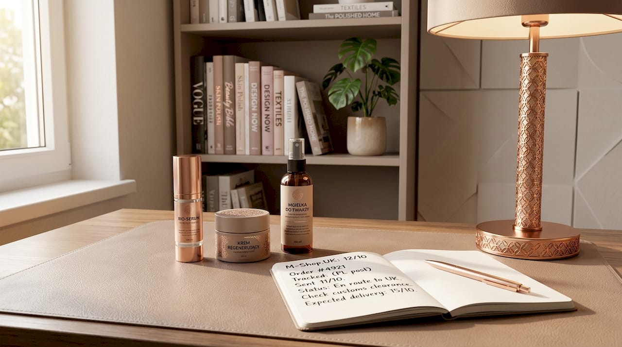 Desk with Polish skincare products and online order notes