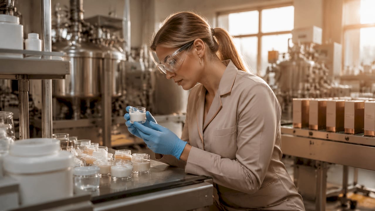 Technician inspecting cosmetics in Polish factory
