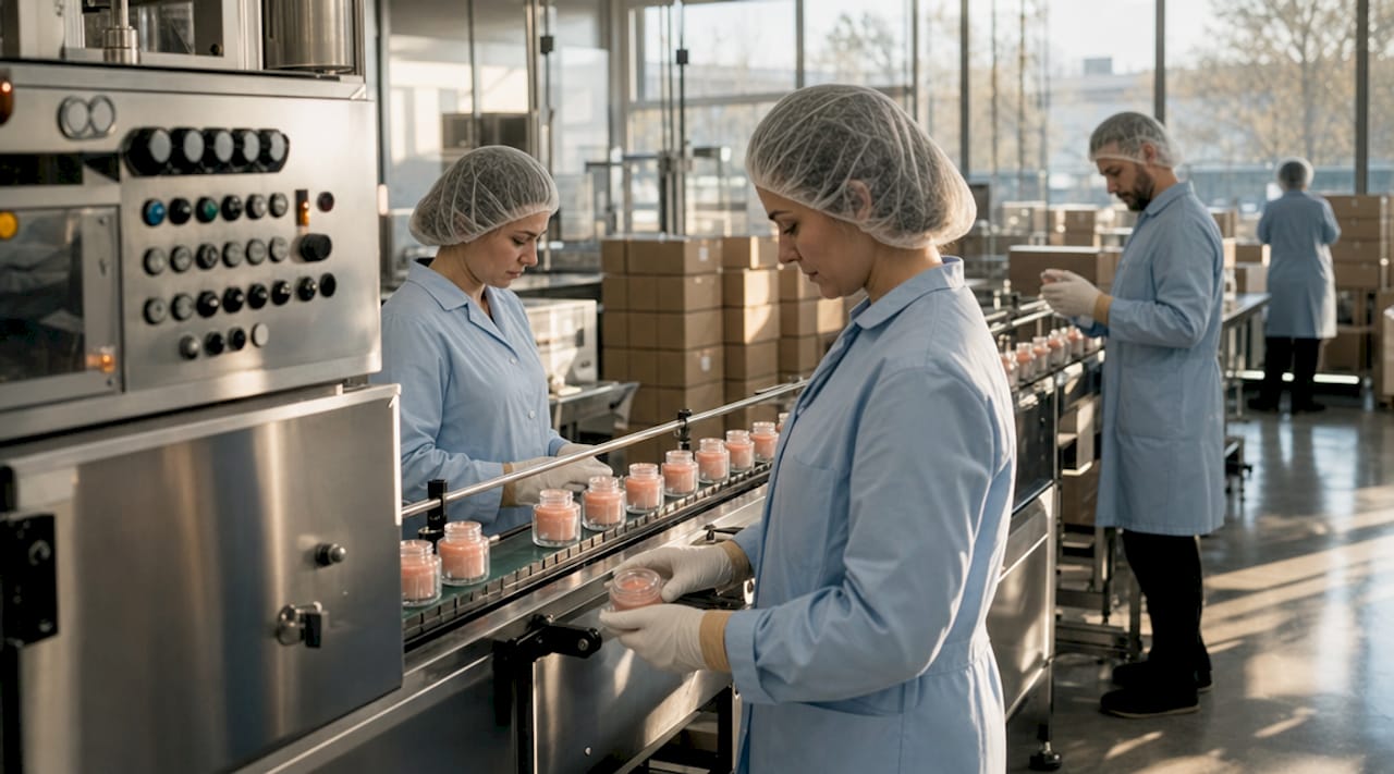 Technicians inspecting Polish cosmetics production line