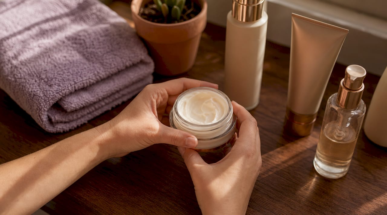 Hands holding dermocosmetic cream jar close-up