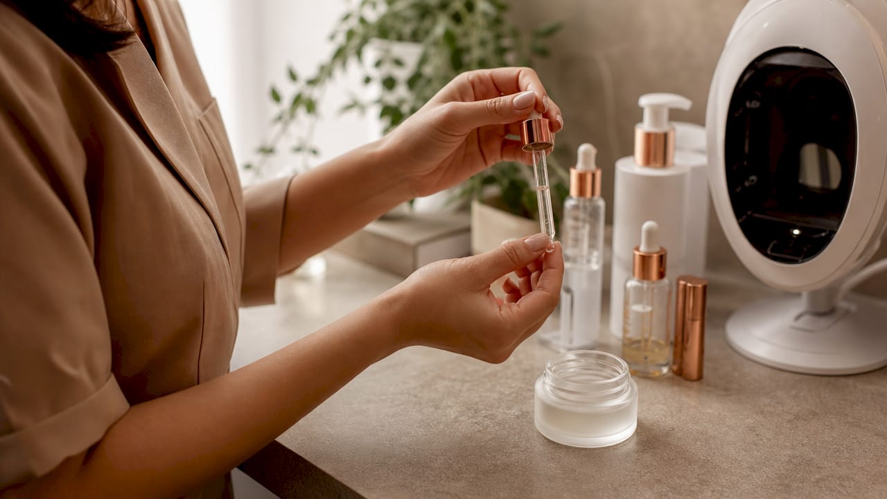 Hand holding dropper of collagen serum in skincare lab
