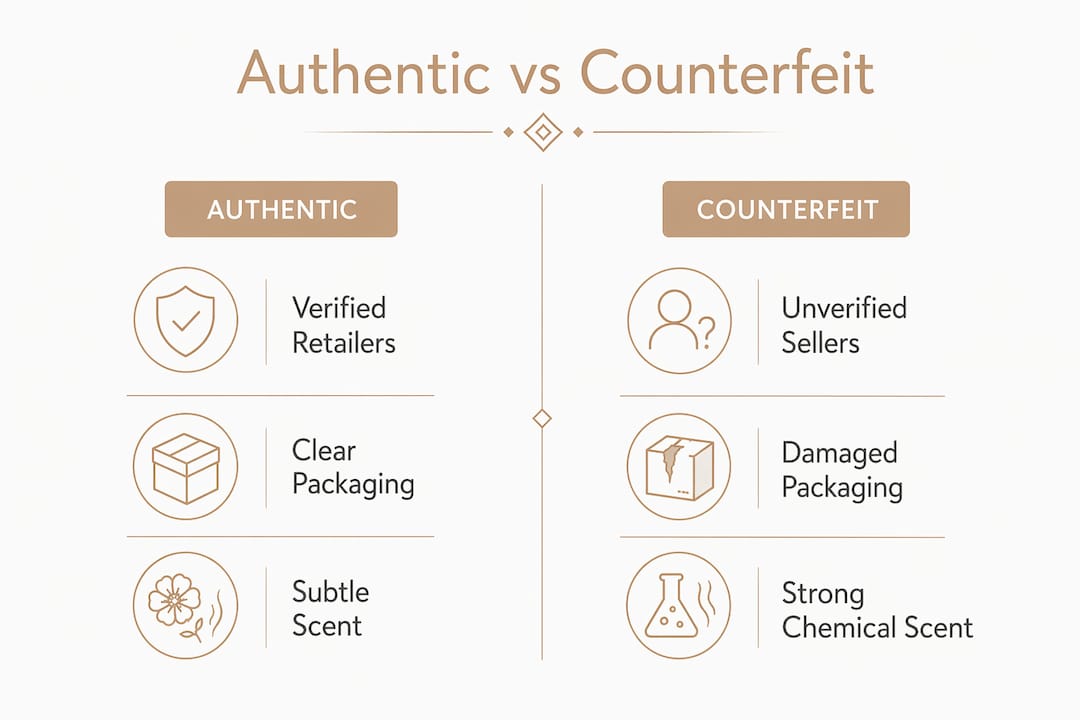 Infographic comparing authentic and counterfeit product indicators