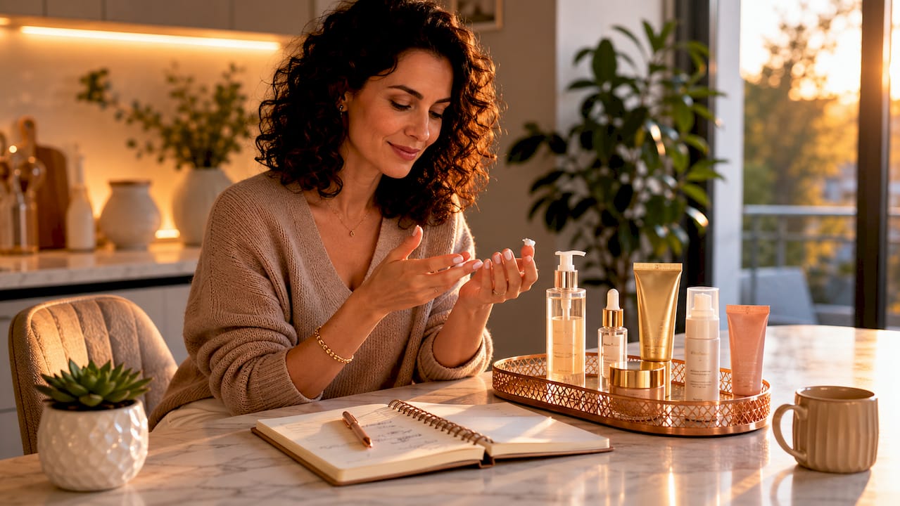 Woman sampling Polish skincare at vanity table