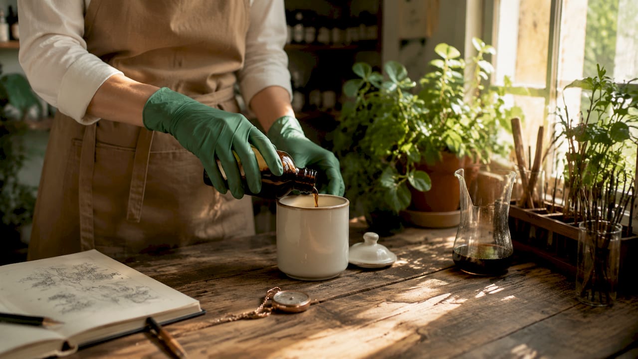 Hands pouring fragrance oil into maceration jar