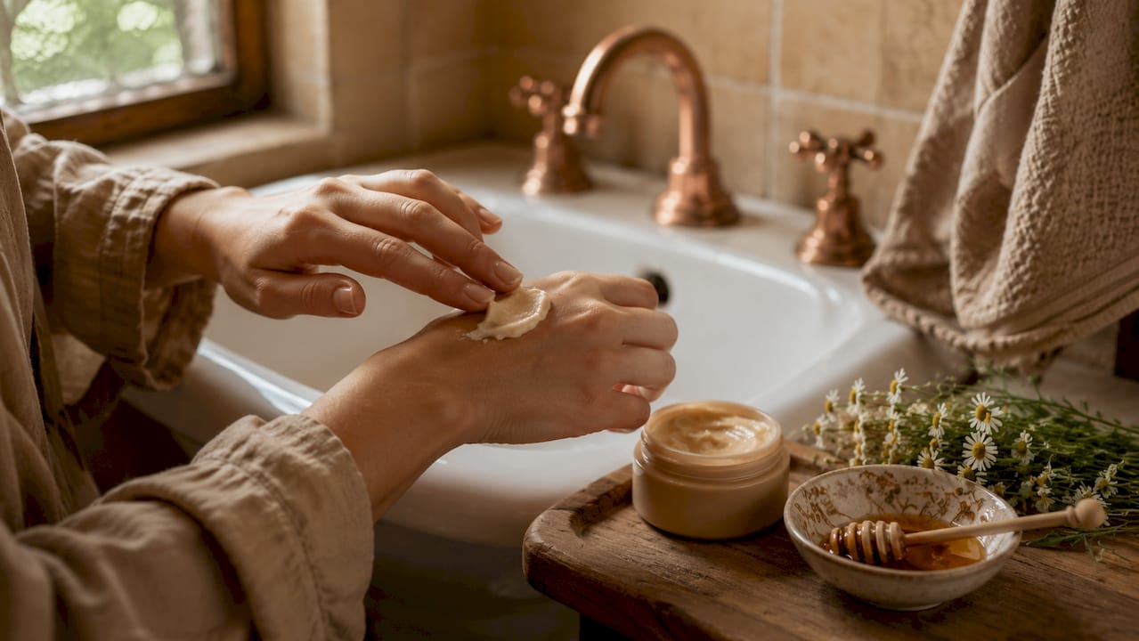 Hands applying moisturizing Polish hand cream