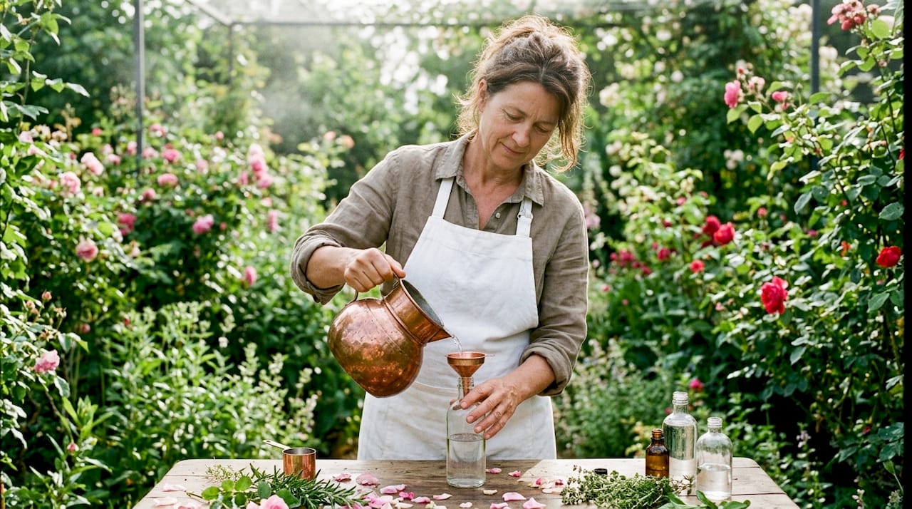 Woman pouring rose hydrolat in workshop