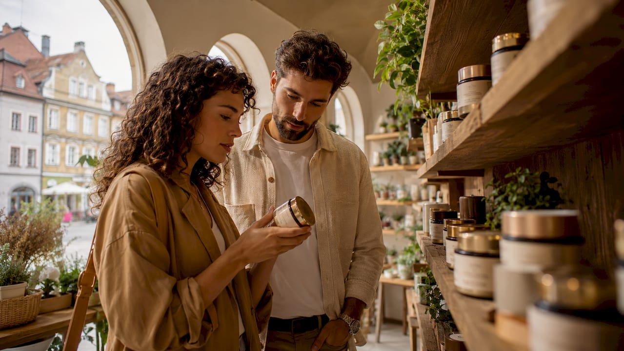 Consumers browsing paraben-free cosmetics in shop