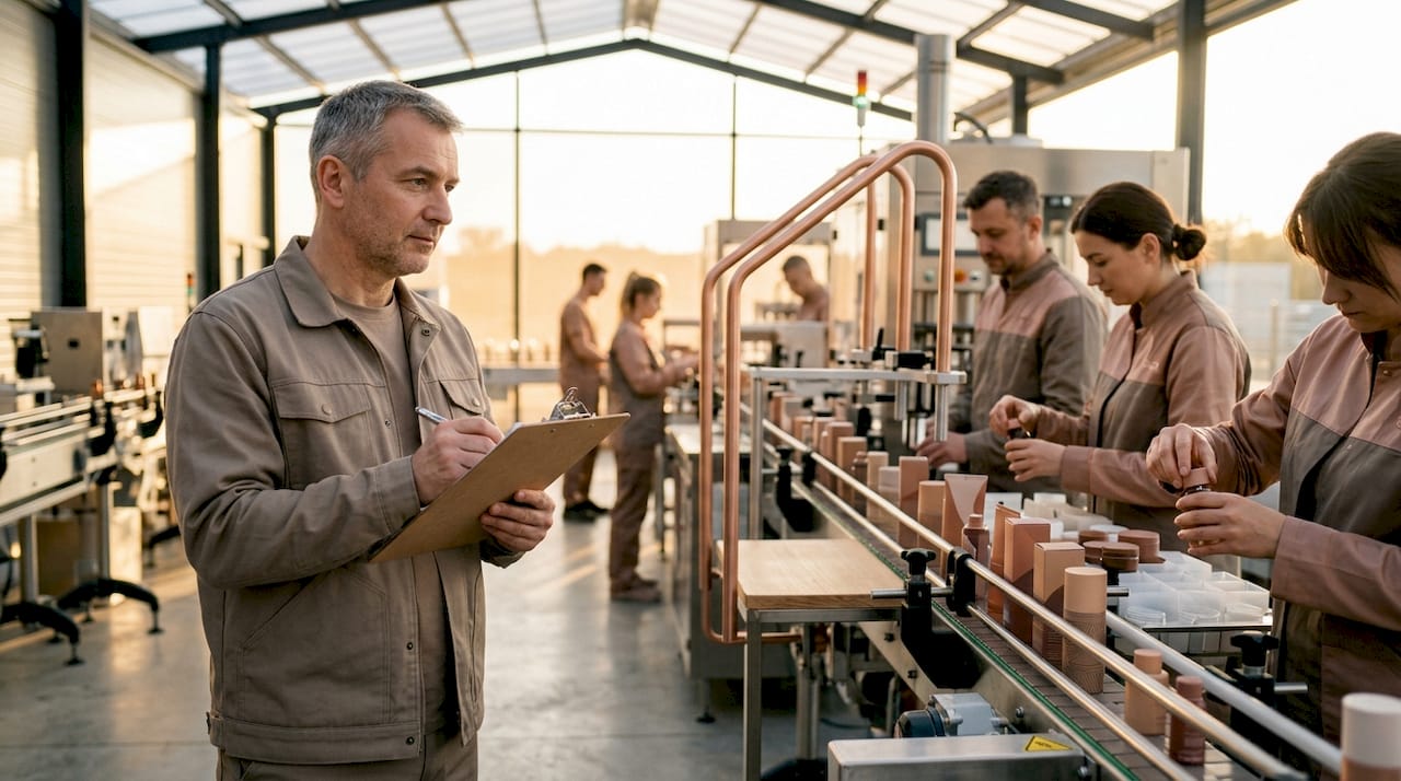 Factory supervisor overseeing cosmetics production line