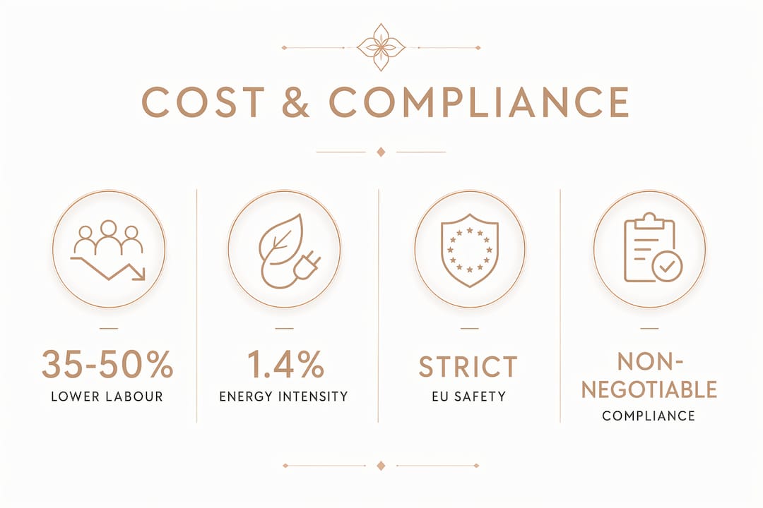 Infographic showing cost factors and EU compliance in Eastern European cosmetics