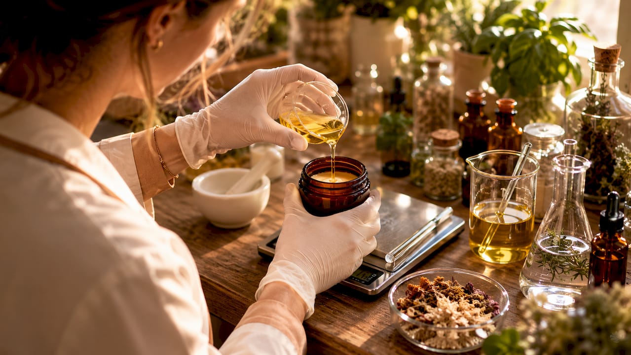Hands mixing ingredients in skincare lab