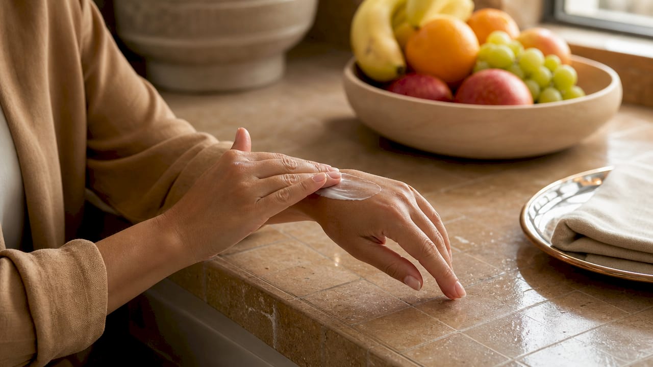 Hands applying drugstore cream in bathroom
