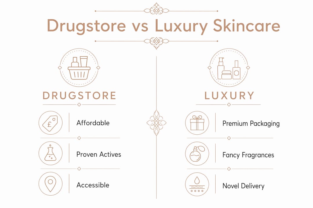 Infographic comparing drugstore and luxury skincare products