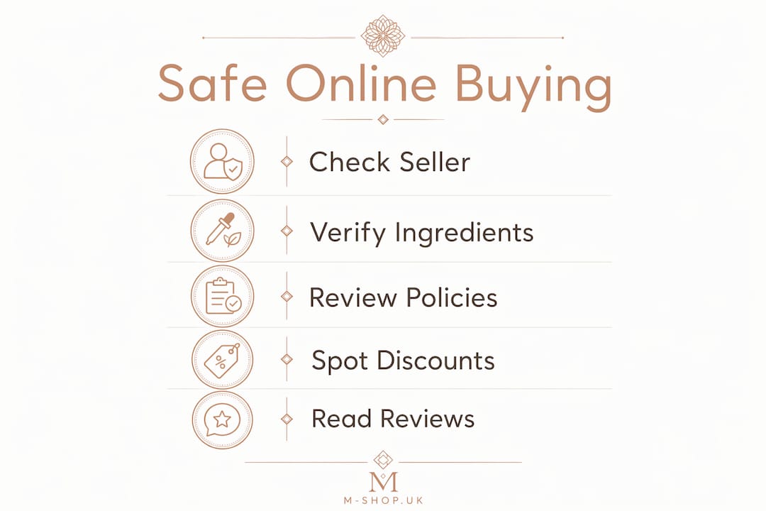 Infographic outlining safe steps to buy cosmetics online