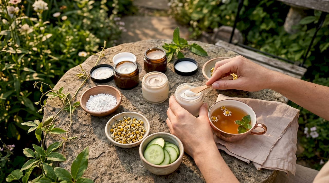 Hands with natural Polish sunscreen ingredients and jars