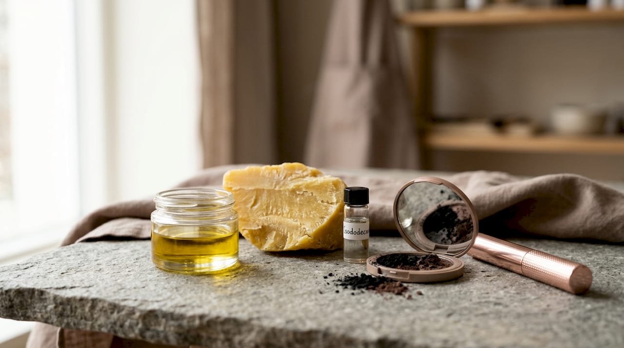 Close-up of mascara ingredient containers on table