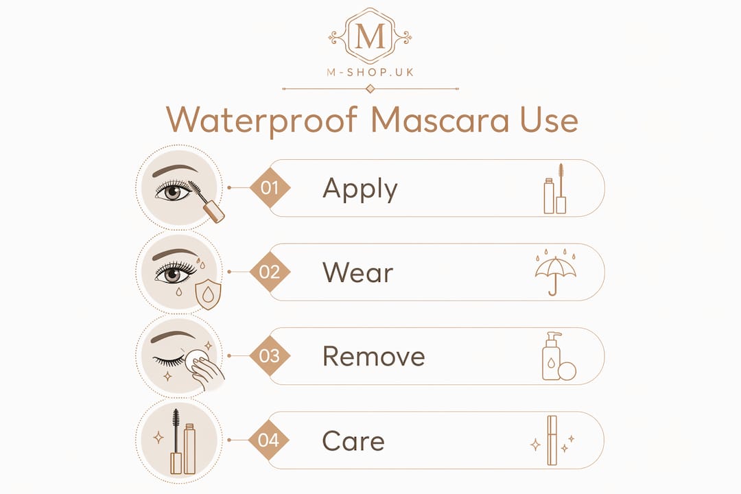Infographic showing waterproof mascara use steps