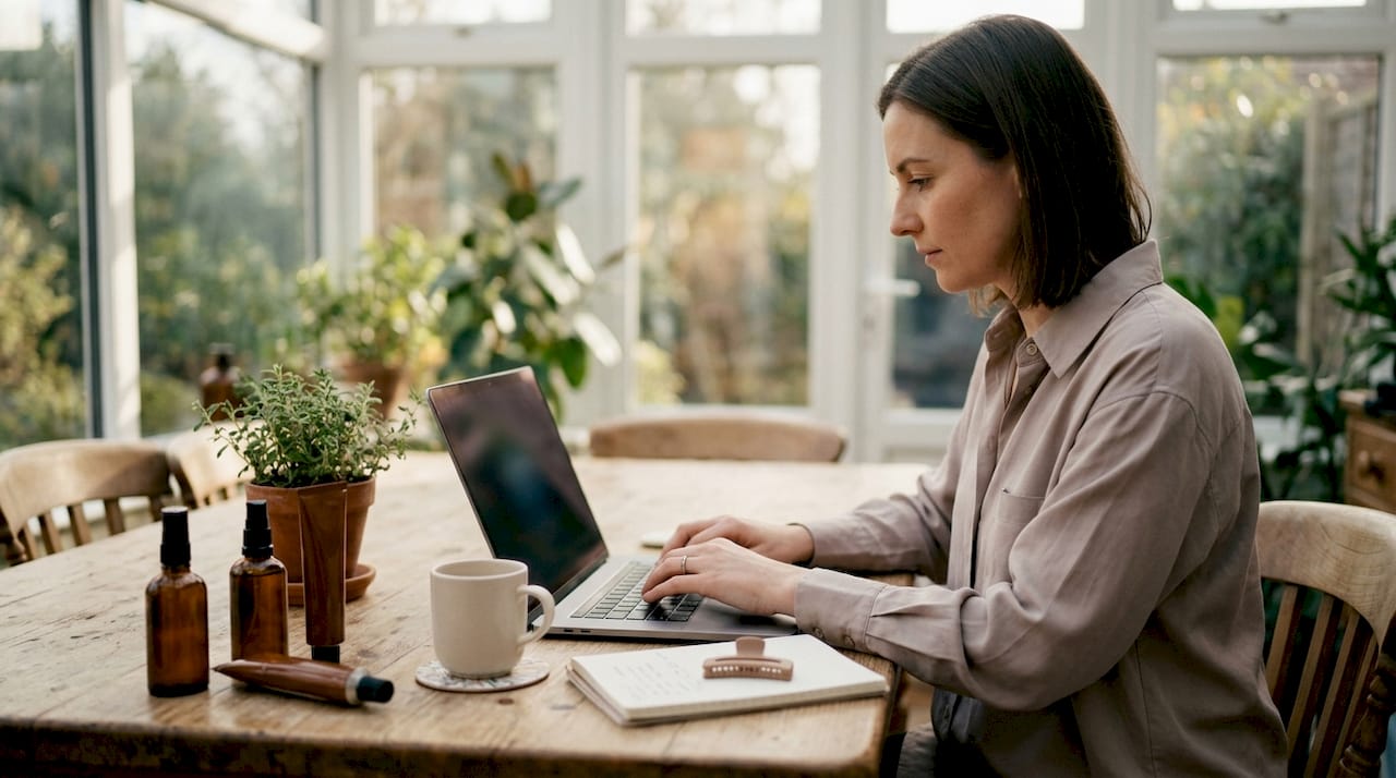 Hands typing laptop researching skincare products online