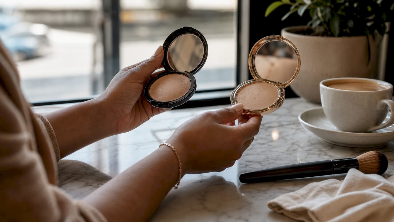 Hands comparing budget and luxury makeup compacts