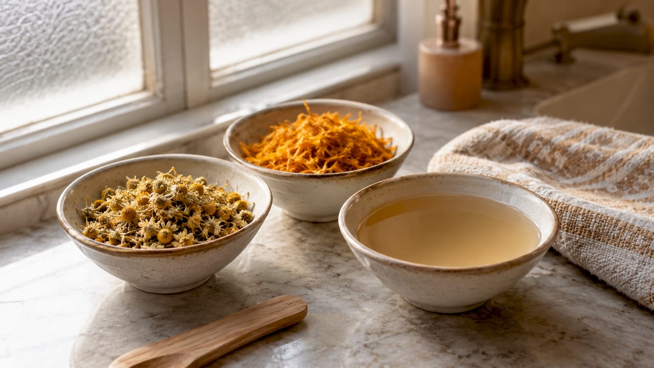 Traditional Polish skincare ingredients overhead
