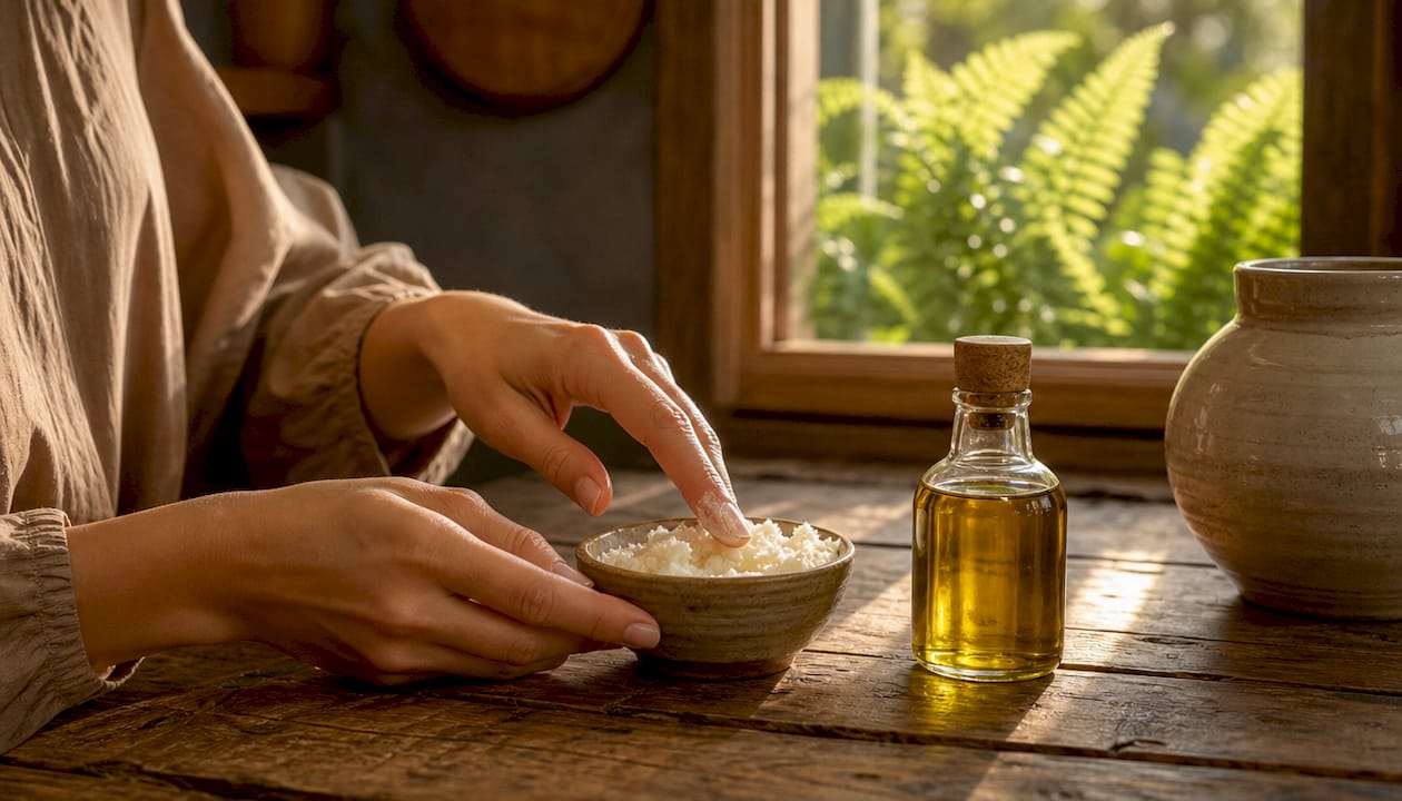 Hands applying shea butter emollient cream