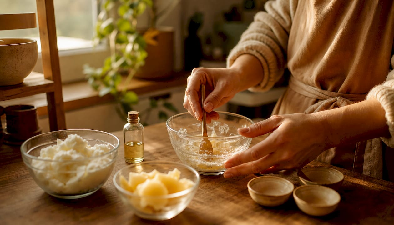 Hands crafting lip balm with natural ingredients