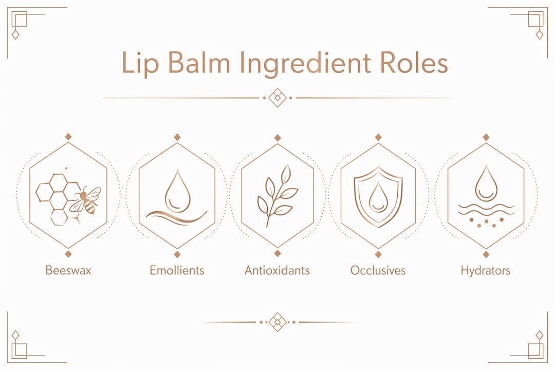 Infographic illustrating key lip balm ingredient categories
