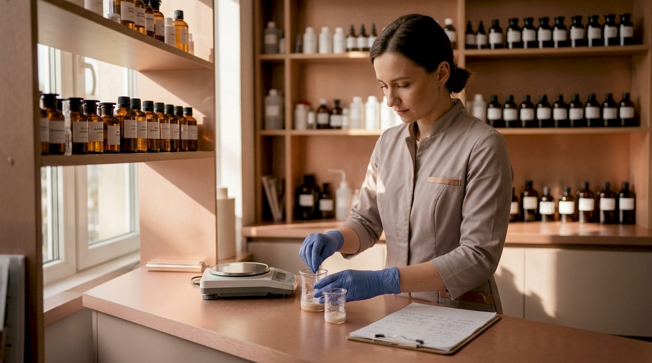 Lab technician mixing cosmetic ingredients