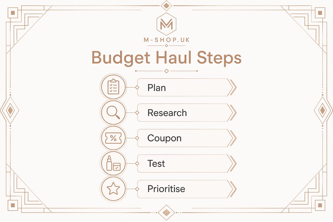 Infographic showing budget cosmetics haul steps