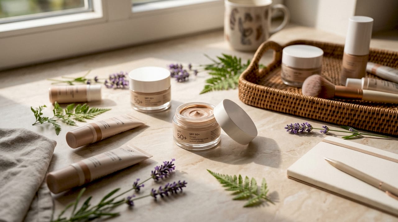 SPF 50+ Polish tinted moisturiser products flat lay