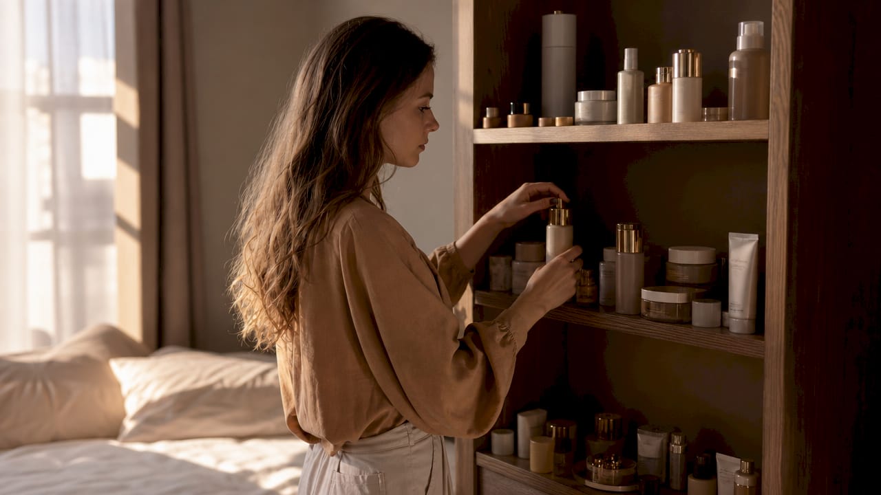 Hands choosing skincare products on shelf