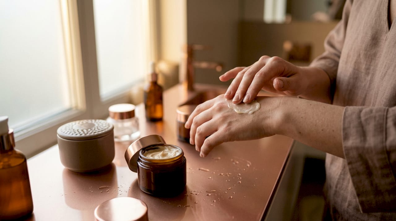 Hands applying dry skin cream on vanity