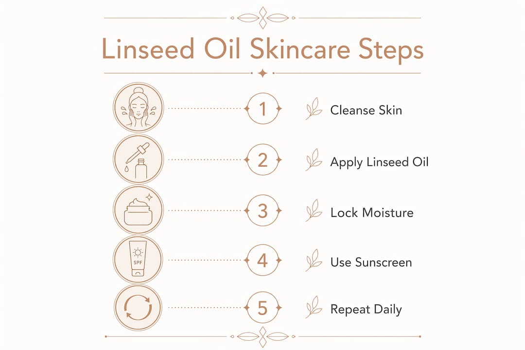 Infographic depicting steps to use linseed oil in skincare