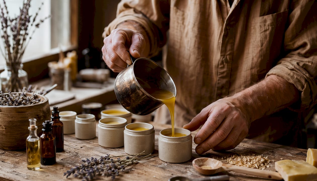 Hands pouring melted beeswax into cosmetic tins